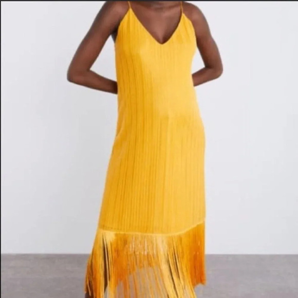 Zara Fringe Hem Midi Dress Marigold  Mustard Yellow Size Small - Picture 2 of 10